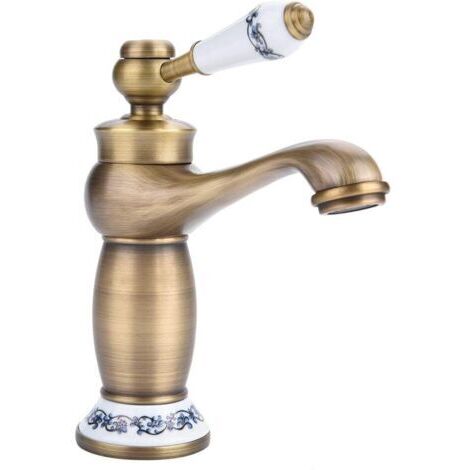 Grifo de cerámica de latón antiguo, grifo para lavabo de baño, grifo retro de cuello largo de porcelana azul y blanca, grifo mezclador, grifo para lavabo de agua fría/caliente de cocina (1/5)
