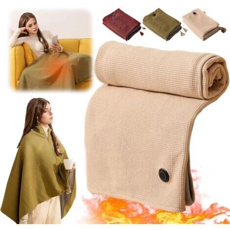 Chal calefactable – Manta eléctrica de algodón USB de 150 x 80 cm, 3 niveles de calor, botón de control automático, manta térmica cálida, manta eléctrica suave para acampar, color beige. (1/5)