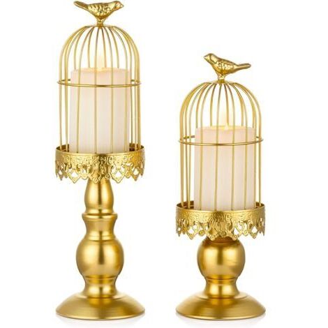 Lámpara de araña vintage con forma de jaula de pájaros, candelabros decorativos para mesas de boda, adornos de lámpara de araña de hierro forjado tallado estilo shabby chic para Navidad, color dorado. (1/5)
