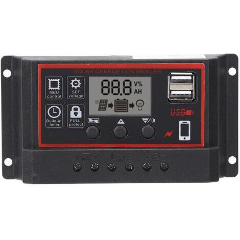Controlador de carga solar LCD de 5V/2.5A, PWM USB dual, regulador de panel solar, identificación automática de 12V, 24V, 10A (1/5)