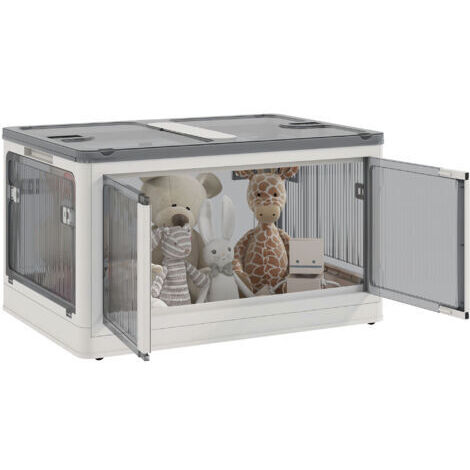 Caja de almacenamiento de plástico plegable y apilable de 69 litros con tapa y 4 ruedas. Acceso por 5 lados. Color blanco. (1/5)