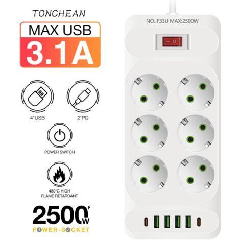 Regleta de pared con 6 tomas de corriente y 4 puertos USB, 2 puertos USB-C, 12 en 1, para el hogar y la oficina, color blanco. (1/5)
