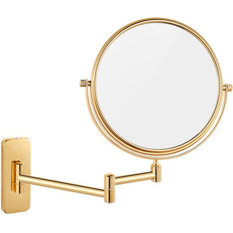 Espejo de aumento redondo de pared, de 20 cm x 10 cm, con brazo flexible giratorio de 360°. Fabricado en latón y acero inoxidable. Espejo dorado de doble cara.