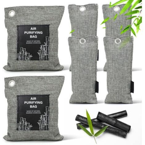 Purificador de aire de 6 piezas, bolsa desodorizante de carbón de bambú, absorbente de humedad, elimina los olores a formaldehído de zapatos, automóviles y gabinetes de baño. (1/5)