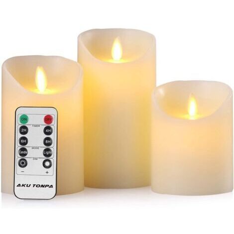 Juego de 3 velas LED sin llama, a pilas, fabricadas con cera real, con mecha móvil y mando a distancia con temporizador de 24 horas (Ancho x Alto: 7,5 x 10/12,7/15,2 cm). (1/5)