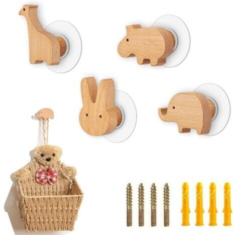 Ganchos decorativos de madera para pared, 4 piezas, diseño de animales nórdicos, ganchos multifuncionales para ropa, toallas y accesorios, prácticos y encantadores organizadores de pared. (1/5)
