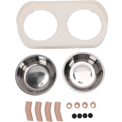 Comedero elevado de acero inoxidable para gatos con doble compartimento integrado para comida y agua, color blanco. (1/5)
