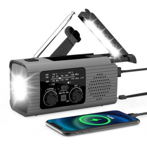 Radio meteorológica de emergencia, radio de alerta meteorológica, batería de 4000 mAh, carga solar, manivela y USB, radio AM/FM, gris. (1/5)