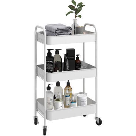 Carro de servicio de acero con carrito de almacenamiento, carro de servicio con ruedas, 3 estantes perforados, 45 x 30,6 x 79 cm, blanco (1/5)