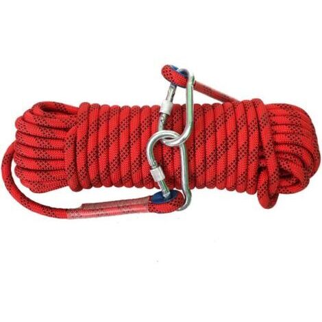 Cuerda de seguridad para exteriores de 10 mm con 2 mosquetones de acero, apta para escalada y rescate (10 m, color rojo). (1/5)