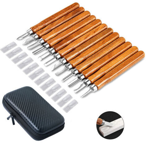 Cincel para madera, juego de 12 cinceles para madera, juego de cuchillos para tallar corcho, kit de herramientas de grabado con piedra de afilar y bolsa de almacenamiento. (1/5)