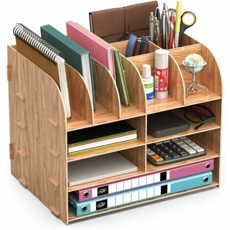 Organizador de escritorio de madera, juego de almacenamiento de escritorio de diseño Lesfit, organizador de escritorio multifuncional para bolígrafos, lápices, papel A4 y accesorios (32×24×27cm) (1/5)
