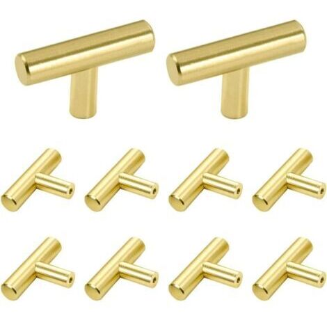 Juego de 10 tiradores en forma de T, de acero inoxidable cepillado, para puertas de armarios de cocina, con distancia entre orificios de 50 mm, color dorado. (1/5)