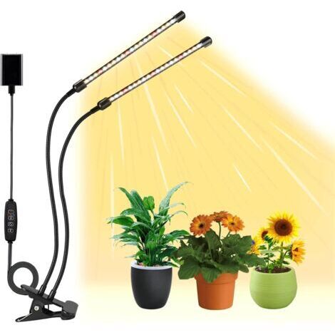 Lámpara de interior para plantas, luz de cultivo de espectro completo de 2 cabezales 3000k/5000k/660nm, 3 modos de iluminación y 10 niveles de atenuación con función de temporizador. (1/3)