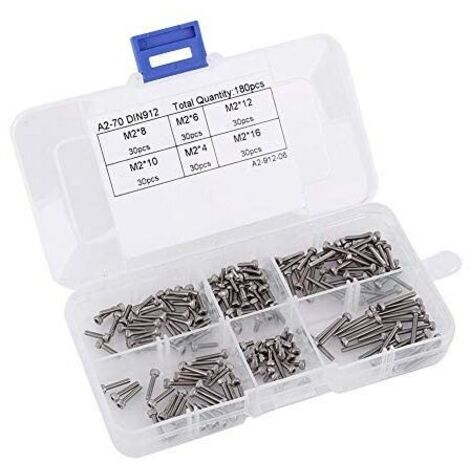 Surtido de 180 piezas M2 DIN912 de tornillos y pernos de cabeza avellanada con hexágono interior en acero inoxidable 304, M2 x 4/6/8/10/12/16 mm (1/5)