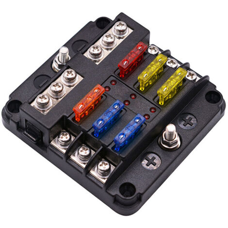 Caja de fusibles de 6 vías, portafusibles con barra negativa, bloques de fusibles de cuchilla con 16 fusibles, 6 indicadores LED, cubierta protectora para automóviles, barcos, vehículos marinos, camio (1/4)