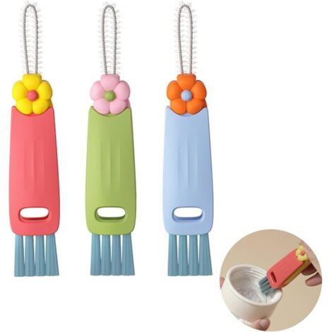 Juego de 3 cepillos de limpieza multifuncionales 3 en 1 para tapas de vasos, botellas de agua y teclados. (1/4)