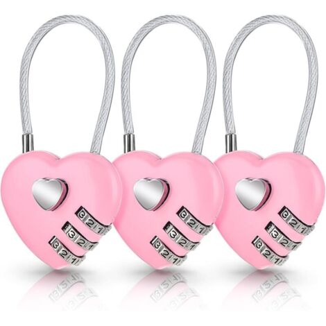 Juego de 3 candados de combinación rosas con forma de corazón para maletas, bonitos candados de combinación con forma de corazón, pequeños candados impermeables para bolsos de viaje y mochilas (código (1/4)
