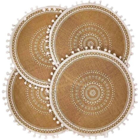 Juego de 4 manteles individuales redondos, alfombras tejidas estilo boho con borlas para la decoración de la cocina y el comedor (bola blanca)