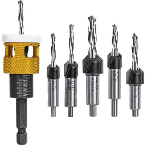 Juego de 5 brocas cónicas HSS M2 reemplazables: brocas cónicas HSS M2 reemplazables – orificio de 82° con tope de profundidad ajustable (1/4)