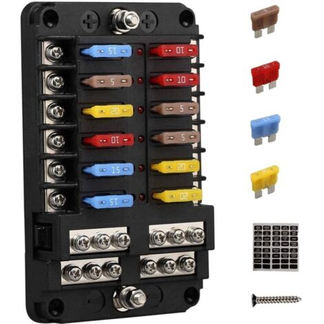 Panel de fusibles de 12 V y 12 vías con caja de tierra y voltímetro para barco, coche, autocaravana, RZR (1/4)