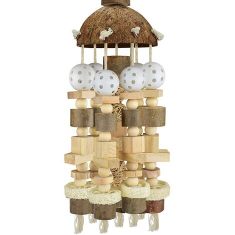 Juguete para loros, juguete grande de madera natural, jaula para masticar, adecuado para guacamayos y loros. (1/4)