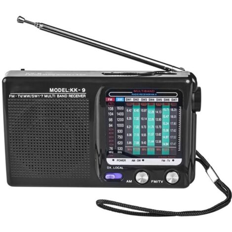 Radio portátil AM/FM/SW para uso en interiores, exteriores y emergencias, con altavoz y conector para auriculares, color negro. (1/4)