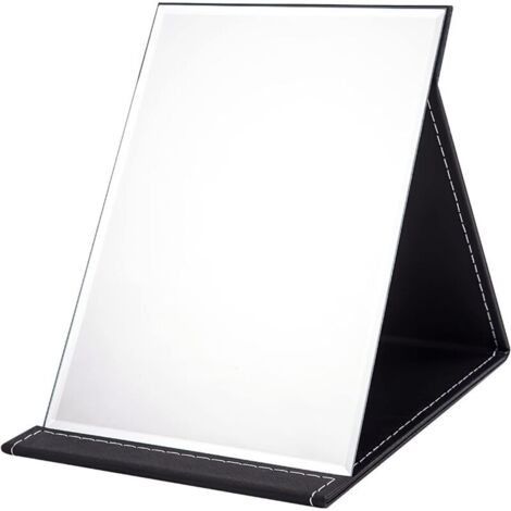 Espejo plegable portátil de 17 x 12 cm, espejo de maquillaje compacto súper HD, espejo de viaje de cuero sintético negro, espejo de tocador independiente, espejo de escritorio plegable. (1/4)