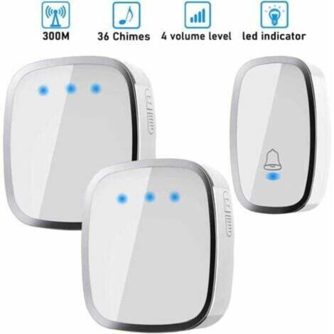 Timbre inalámbrico impermeable Betterlife, timbre exterior con alcance de 300 m, 2 transmisores y 1 receptor, kit de timbre inalámbrico con LED intermitente, 36 melodías, 4 niveles de volumen, para el (1/4)