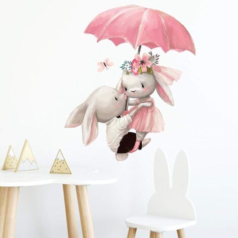 Pegatinas de pared decorativas de dibujos animados con forma de paraguas de conejo, murales, pósteres de arte DIY, pegatinas de pared autoadhesivas para la decoración de habitaciones infantiles y guar (1/4)