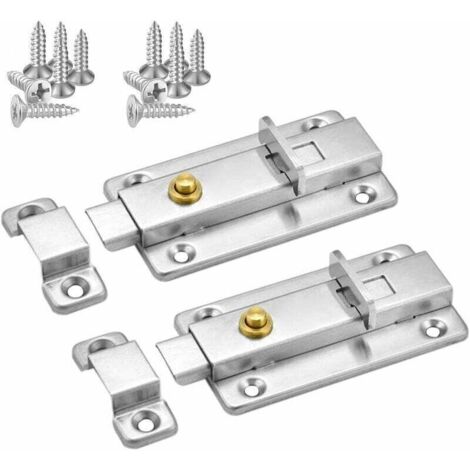 Cerradura para puerta corrediza, 4 pulgadas, automática, con resorte, de acero inoxidable y pomo (paquete de 2, color plata) (1/4)