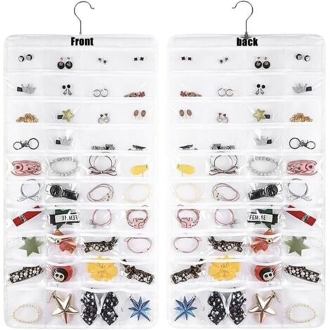 Organizador de joyas colgante de doble cara: Organizador de joyas colgante, 80 compartimentos pequeños, soporte para pendientes, bolsa de almacenamiento. (1/4)