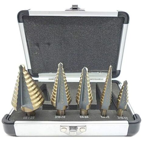 Juego de 5 brocas escalonadas, con estuche profesional de aluminio, vástago hexagonal y base autocentrante, para perforaciones precisas en acero y metal. (1/4)