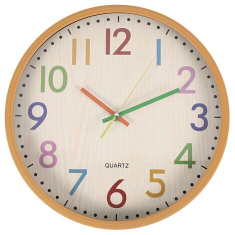 Reloj de pared silencioso para niños, colorido, a pilas, decorativo, para guardería, preescolar, escuela o aula. (1/4)