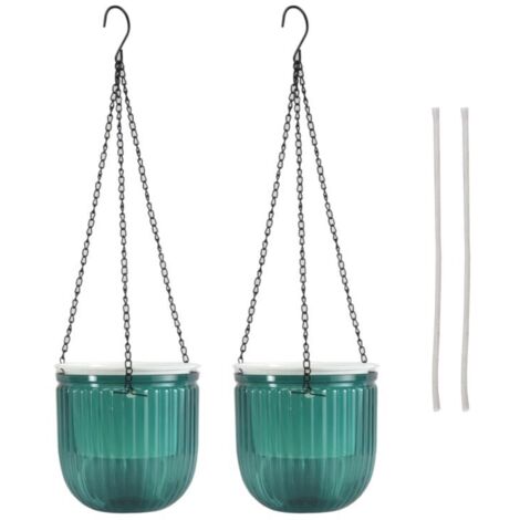 Juego de 2 macetas de interior con autorriego, macetas colgantes para flores, cestas colgantes para exteriores de 16,5 cm (verde esmeralda) (1/4)
