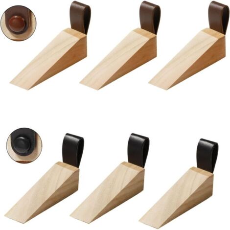 Juego de 6 cuñas para puertas, cuñas de suelo para puertas, topes de suelo para puertas con hebilla de cuero, funcionalidad de cuña para puertas, para puertas de vidrio y madera (3 negras + 3 marrones (1/4)
