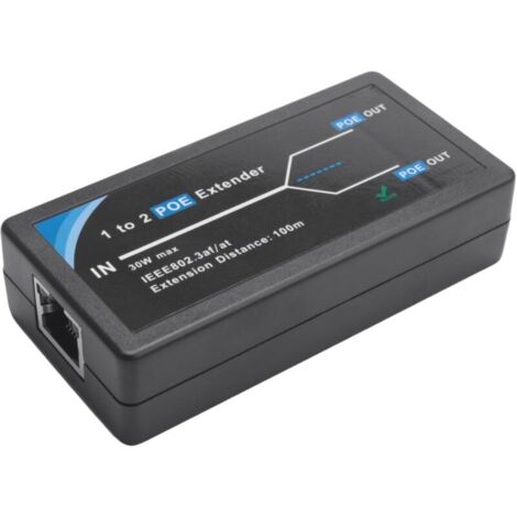 Extensor PoE de 2 puertos 10/100 Mbps con entrada/salida estándar IEEE 802.3af para cámaras IP, alcance de 100 metros.