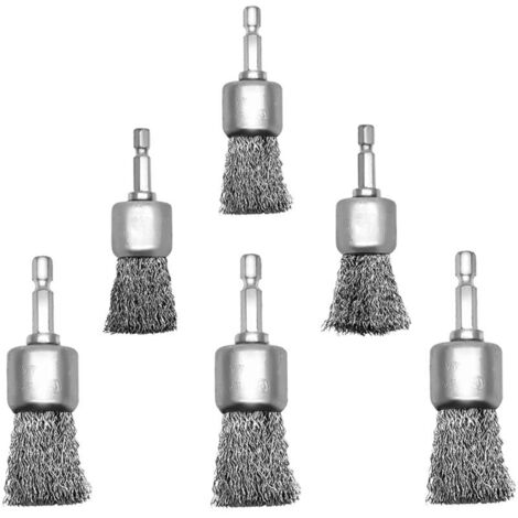 Paquete de 6 cepillos metálicos para taladro con extremo hexagonal de 2,5 cm (1 pulgada) para superficies pintadas y espacios reducidos. (1/4)
