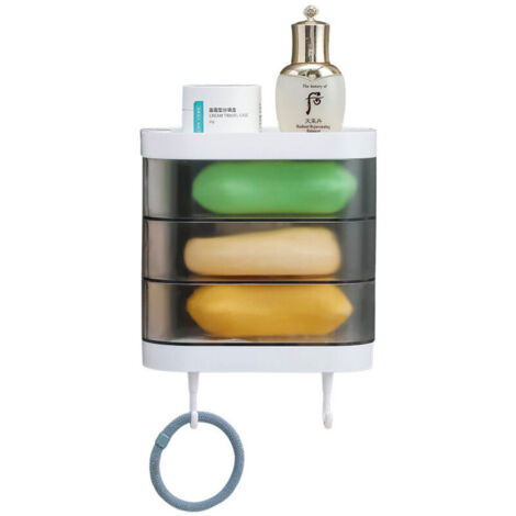 Jabonera de pared de 3 niveles con 2 ganchos, soporte giratorio de 180 grados, a prueba de polvo, organizador de almacenamiento para baño, ducha y cocina (transparente). (1/3)