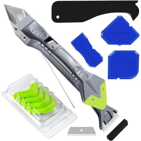 Herramientas 5 en 1 para eliminar selladores (acero inoxidable): raspador, kit para alisar juntas de silicona, raspador de lechada con 3 raspadores angulares, 5 herramientas para selladores, 1 herrami (1/4)