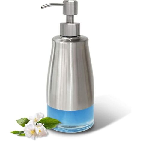 Dispensador de jabón de 300 ml de vidrio negro y acero inoxidable, dispensador de jabón de ducha con etiquetas – Dispensador de loción recargable para cocina, baño, oficina, hotel. (1/4)
