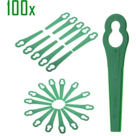 100 cuchillas de plástico para cortacésped, accesorios para cortacésped de jardín, cuchillas de plástico de repuesto para desbrozadoras, color verde. (1/4)
