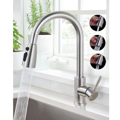 Grifo de cocina con rociador extraíble, caño alto giratorio 360°, 2 modos de rociado, grifo monomando de alta presión, grifo de fregadero de cocina extensible, acero inoxidable. (1/4)