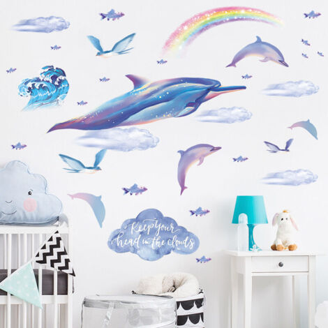 Pegatinas de pared de tiburones submarinos, calcomanías de peces marinos para dormitorio de niño, baño, habitación infantil. (1/4)
