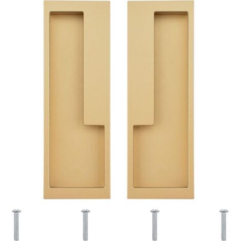 Juego de 2 tiradores empotrados de aleación para puertas correderas con tornillos ocultos, modernos y sencillos para cajones de granero, armarios y roperos (oro mate). (1/4)