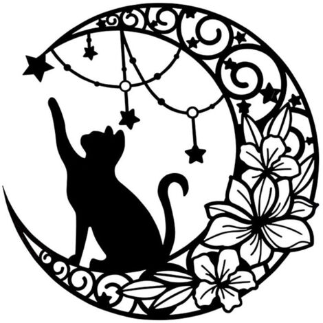 Decoración de pared metálica con luna y gato, silueta decorativa para colgar en la pared, ideal para el hogar, dormitorio, sala de estar, oficina, jardín u hotel, 30 x 30 cm. (1/4)