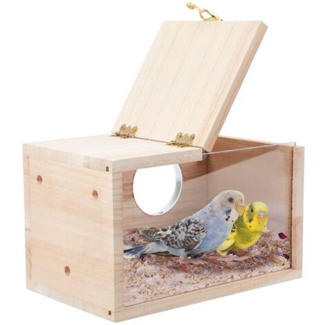 Casita transparente para periquitos, cacatúas y agapornis en jaulas de madera. (1/4)