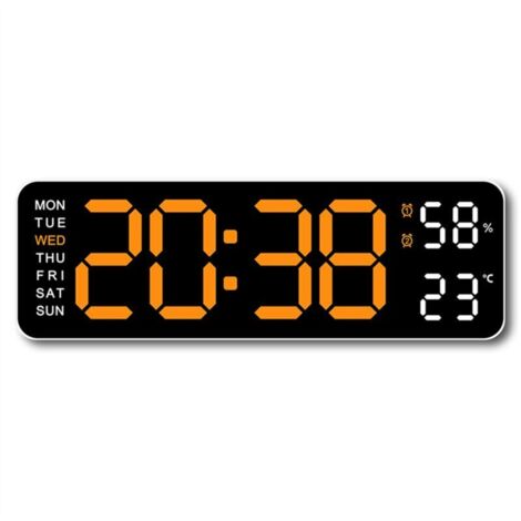 Reloj de pared digital LED con indicador de temperatura, humedad y día de la semana, despertador, formato de 12/24 horas, color naranja. (1/4)