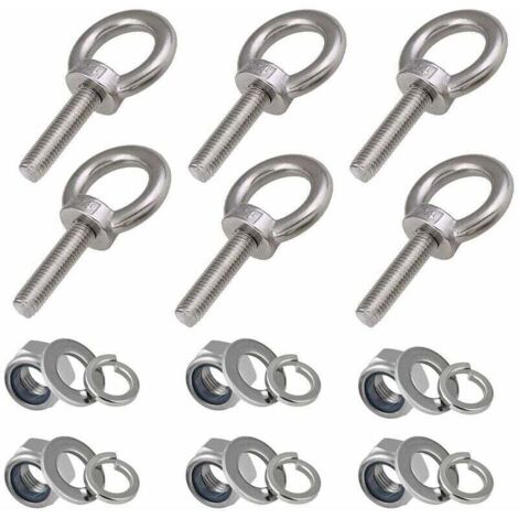 Pernos de ojo M8, 6 piezas, longitud de rosca de 30 mm, tuerca de seguridad de nailon y arandelas de seguridad, pernos roscados externos de acero inoxidable de grado marino 304. (1/4)