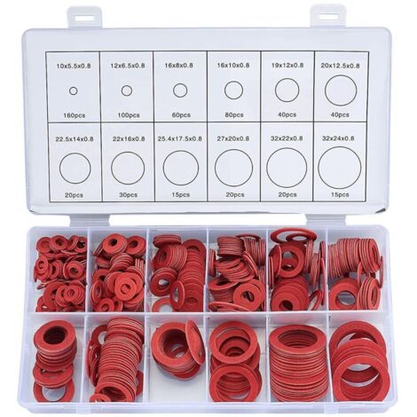 Kit surtido de 600 arandelas de fibra, juntas planas, 12 tamaños, acero rojo, papel. (1/4)
